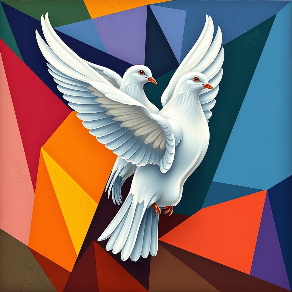 Serenity in Geometric Harmony: White Doves Amidst Cubist Lin...