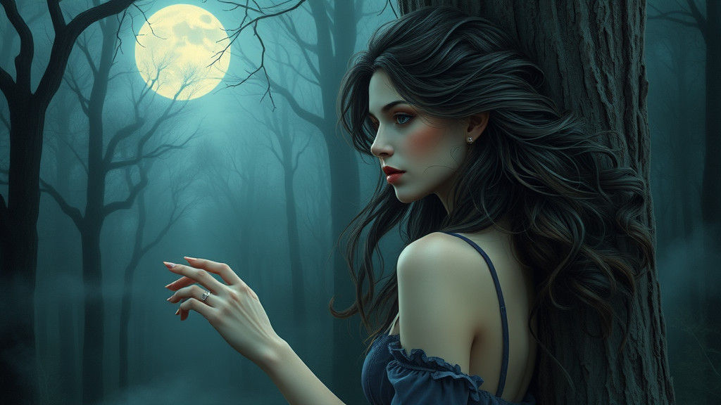 Mystical Woman in Moonlit Forest, Romantic Style