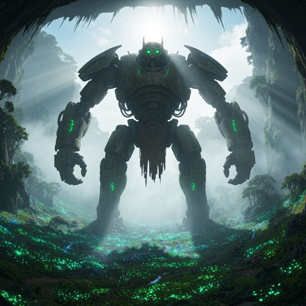 Brass Golem Guards Bioluminescent Valley: Art Nouveau Style