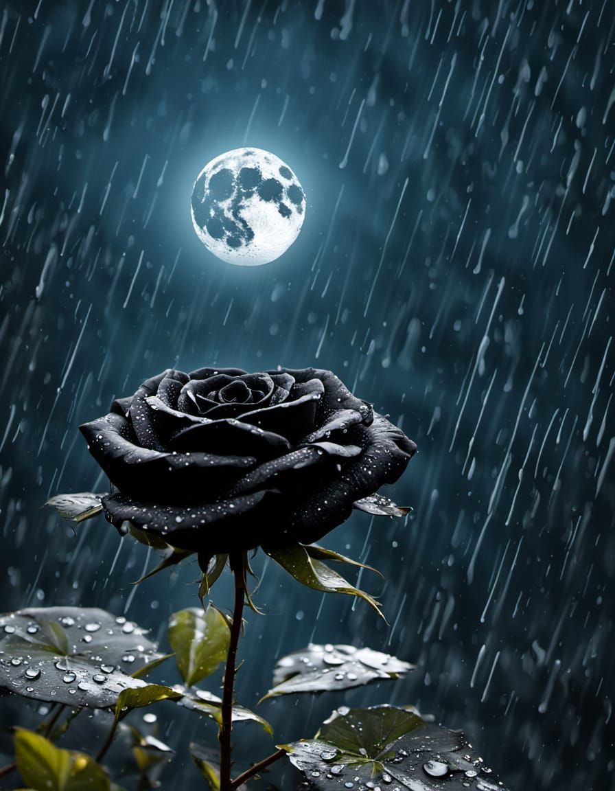Black Rose Under Full Moon with Heavy Rain
