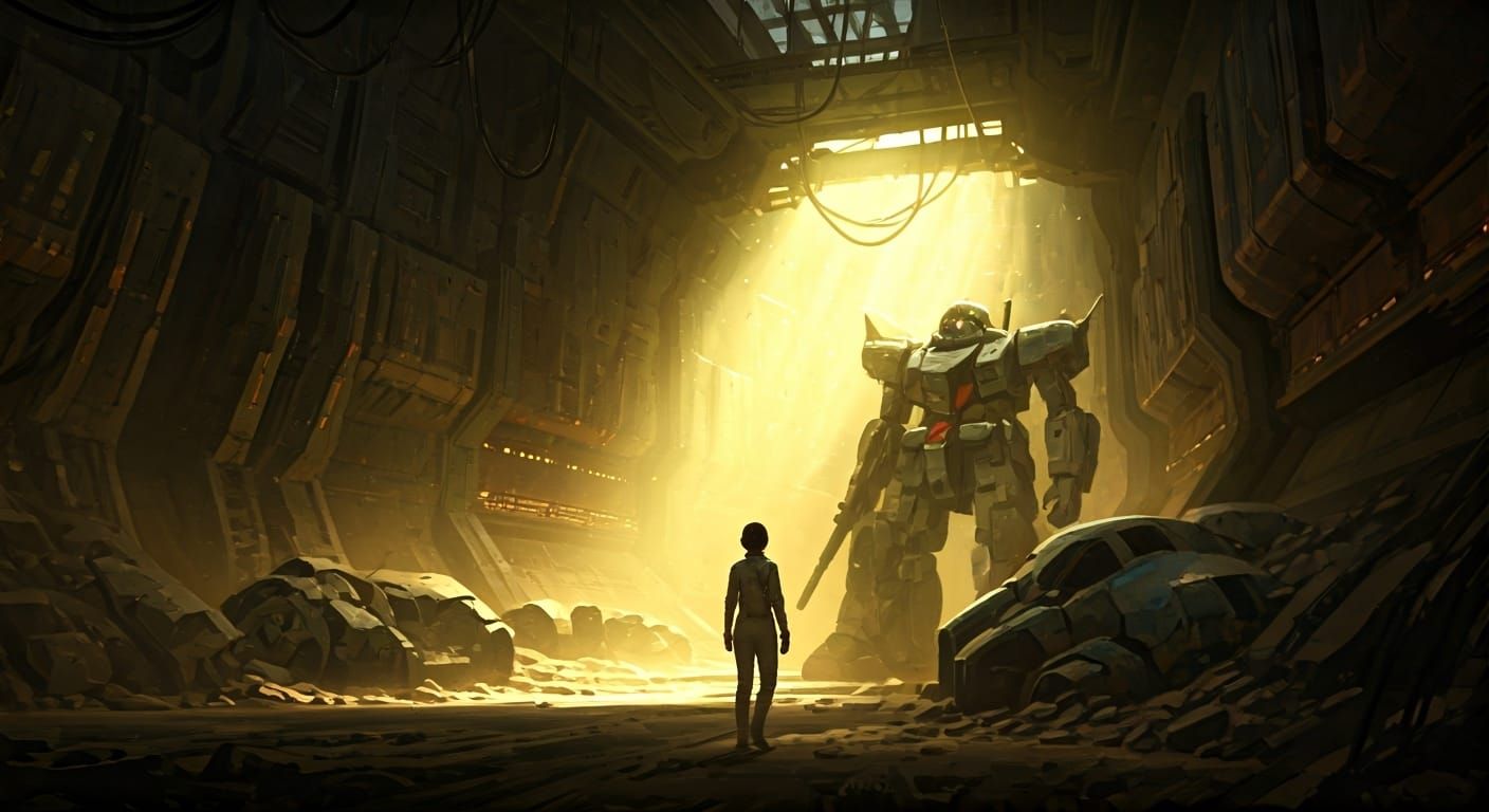 Archaeologist Explores Alien Hangar with Gundam Mobile Suits