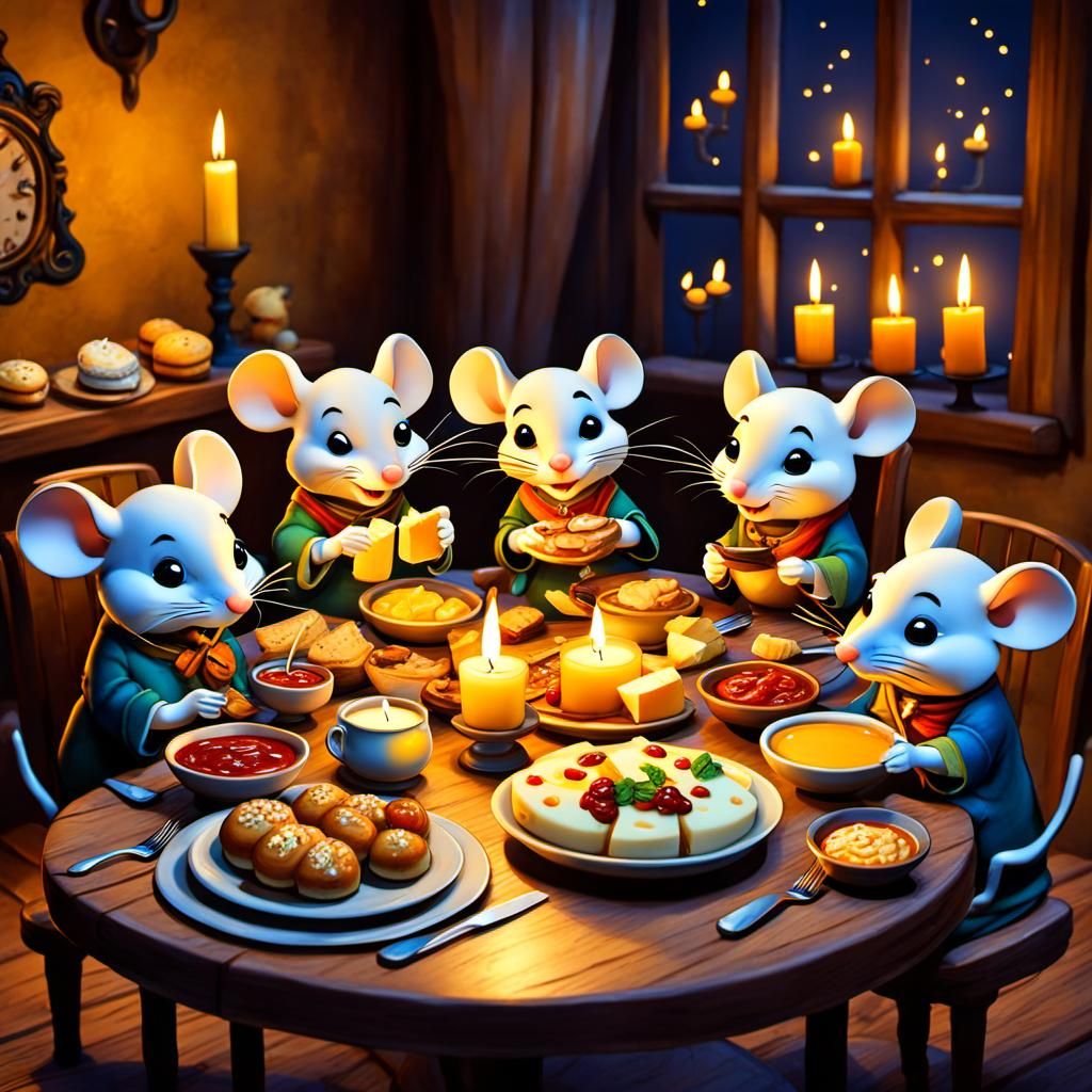 Chibi Mice Enjoying a Candlelit Dinner