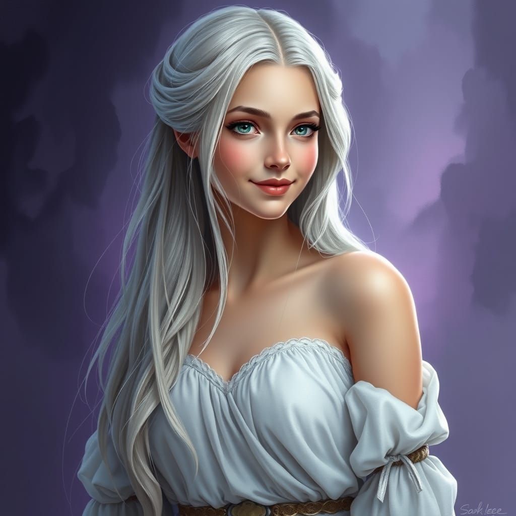 Ethereal Norse Goddess with Shy Smile and Silky Silver Hair