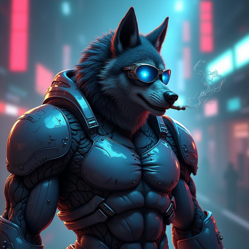 Armored Wolf in Cyberpunk Anime Style