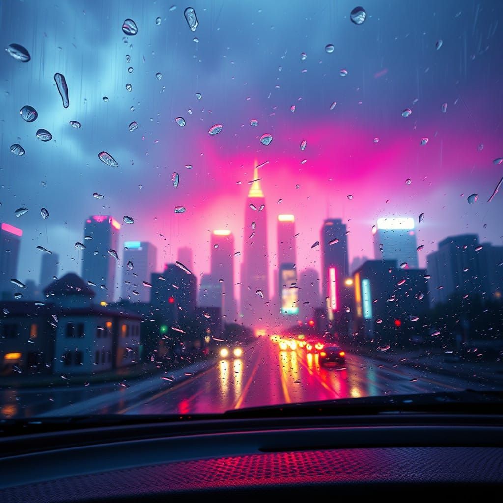 Dreamlike Cityscape Through Rain-Soaked Window