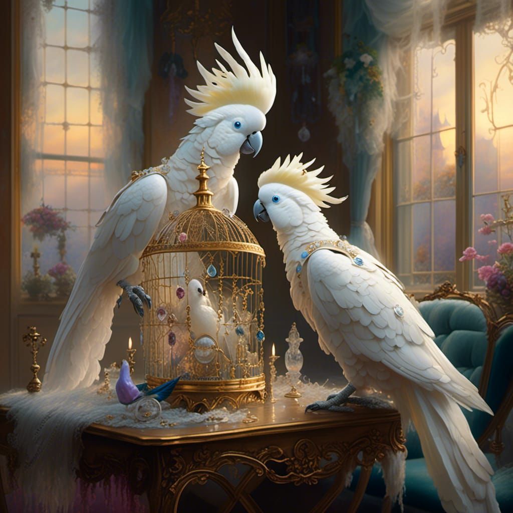 Jeweled Cockatoo in Gilded Cage, Fantasy Style
