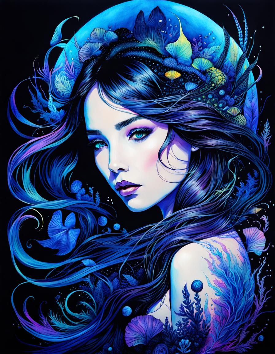 Black Light Mermaid in Detailed Seascape