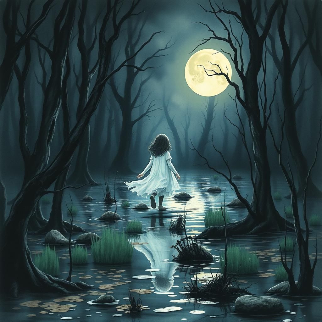 Swamp Ghost Girl in Watercolor Storybook Style