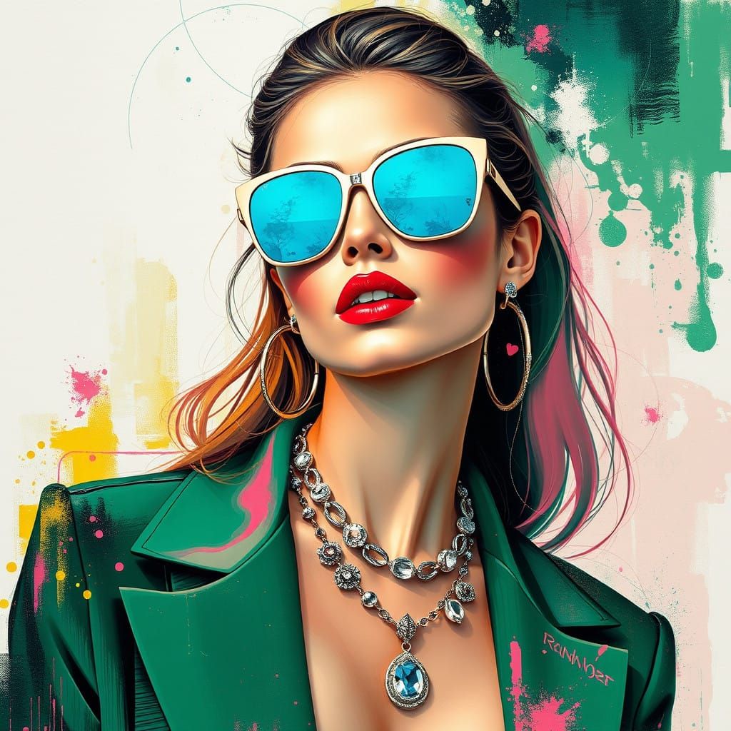 Elegant Woman in Abstract Artwork with Vibrant Colors and Co...