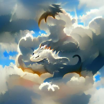 Dragon Soaring Through Sunny Clouds