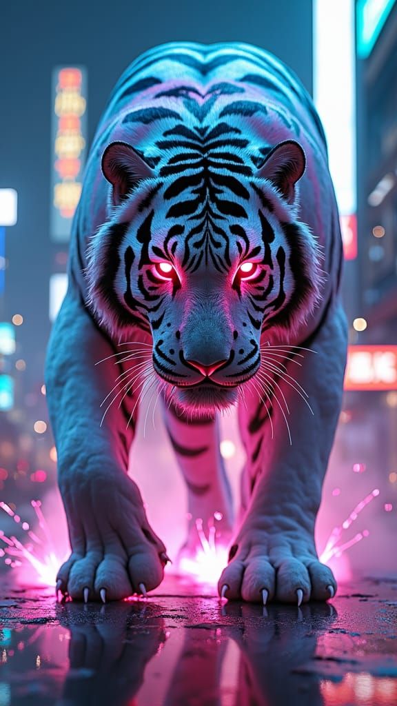 Cybernetic Tiger Stalks Tokyo in Cyberpunk Style