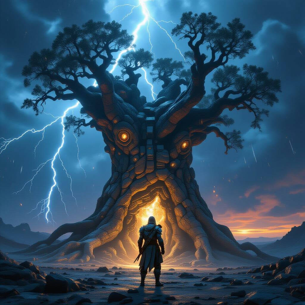 Warrior Shelters in Alien Tree During Cosmic Storm