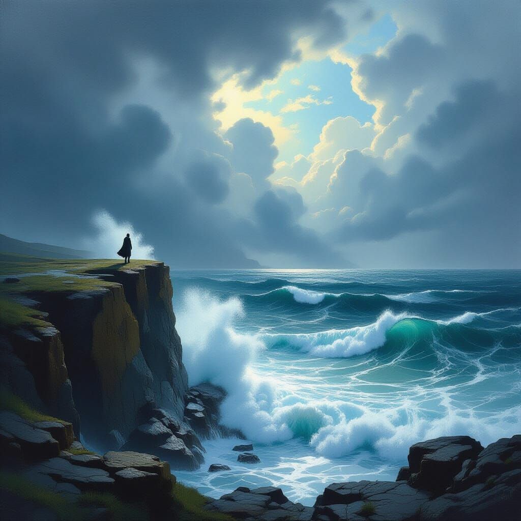Lone Figure on Windswept Cliff Overlooking Stormy Sea