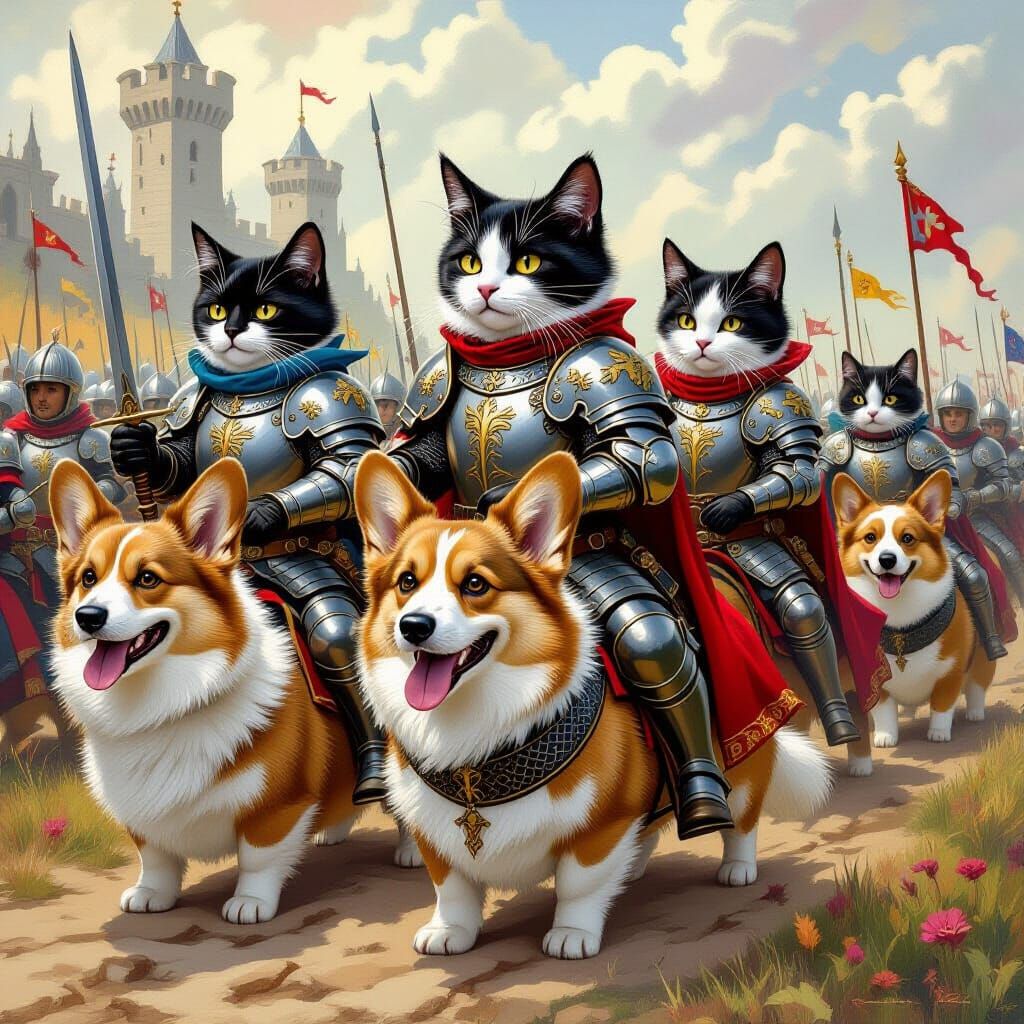 Whimsical Tuxedo Cat Knights Ride Corgis into Battle