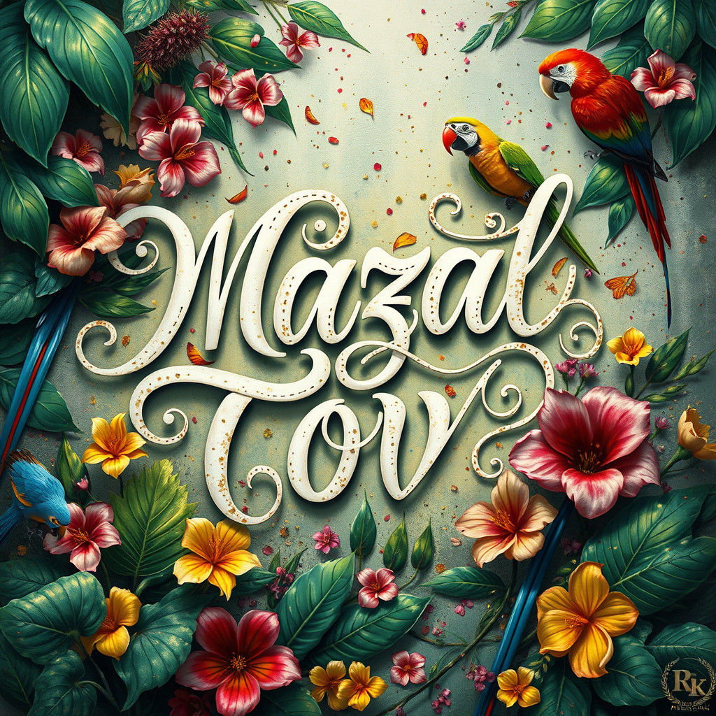 Ornate Calligraphy of Mazal Tov with Fantasy Elements