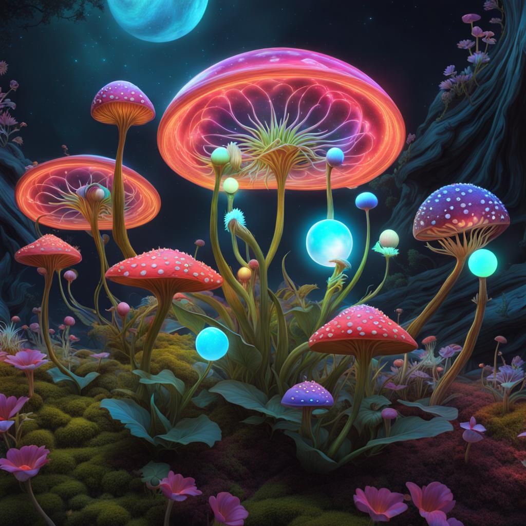 Magical Glowing Plant with Elves in Surreal Style