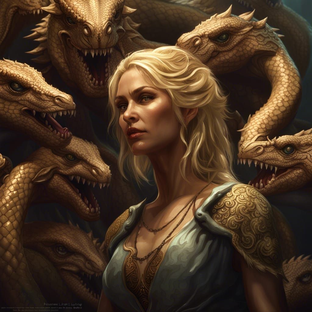 Blond Woman and Hydra in Dark Fantasy Style