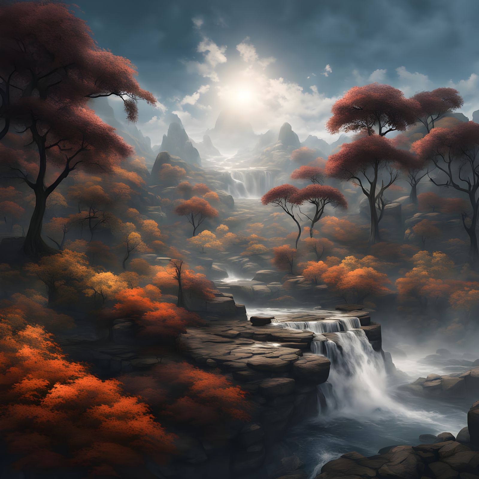Photorealistic Waterfall Landscape in Dramatic HDR