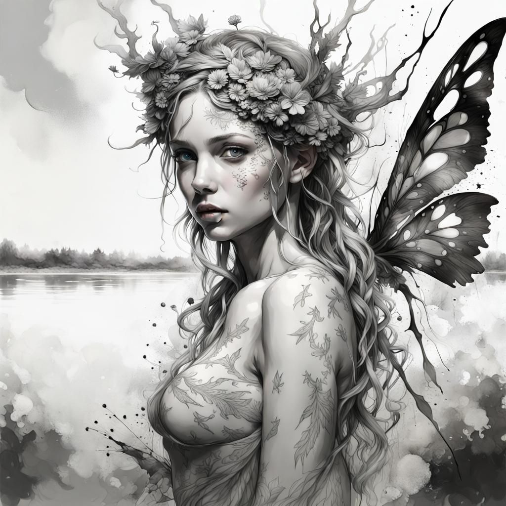Goddess Fairy in Black and White Inkblot Art