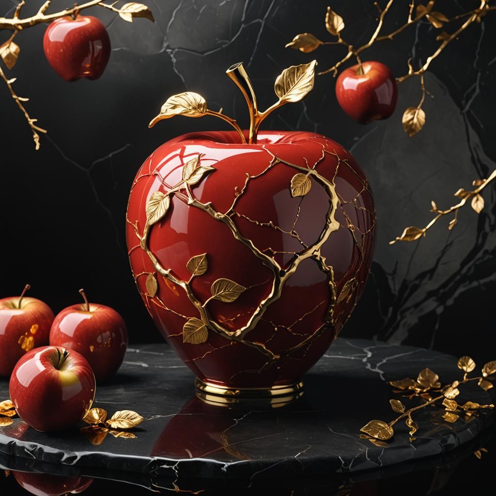 Kintsugi Porcelain Apple in Hyperrealistic Dark Fantasy
