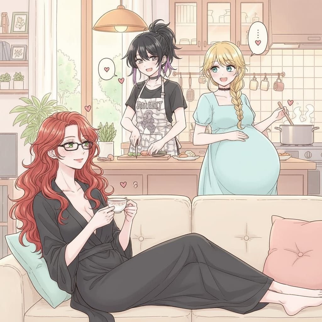 Elegant Woman with Curly Red Hair and Glasses Relaxing at Ho...