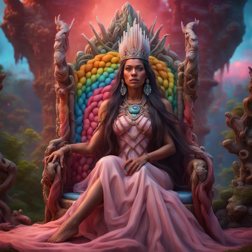 Amerindian Queen on Rainbow Throne, Detailed Matte Painting
