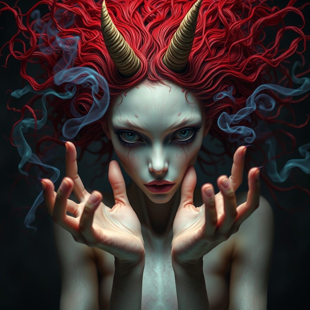 Cyberpunk Goddess with Crimson Horns and Hair