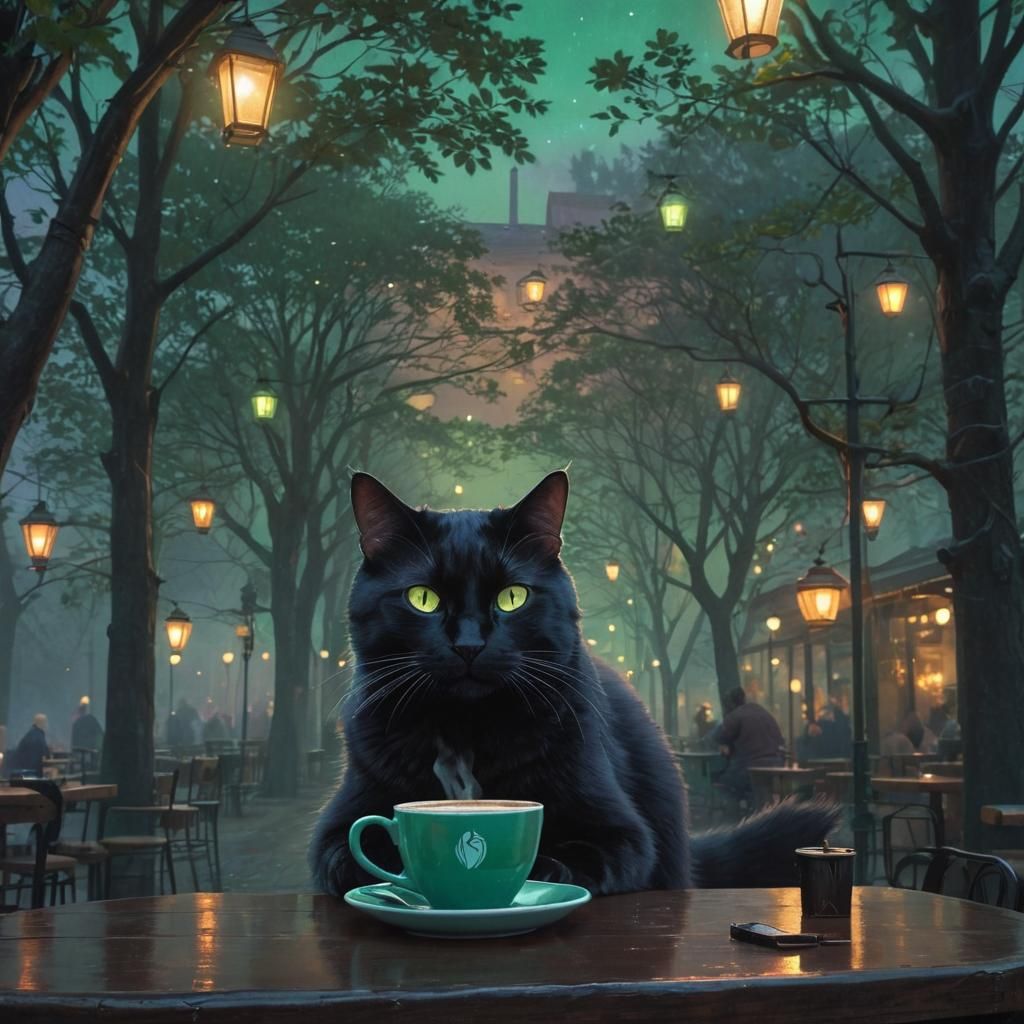 Mystical Cat at Starbucks: High-Fantasy Concept Art