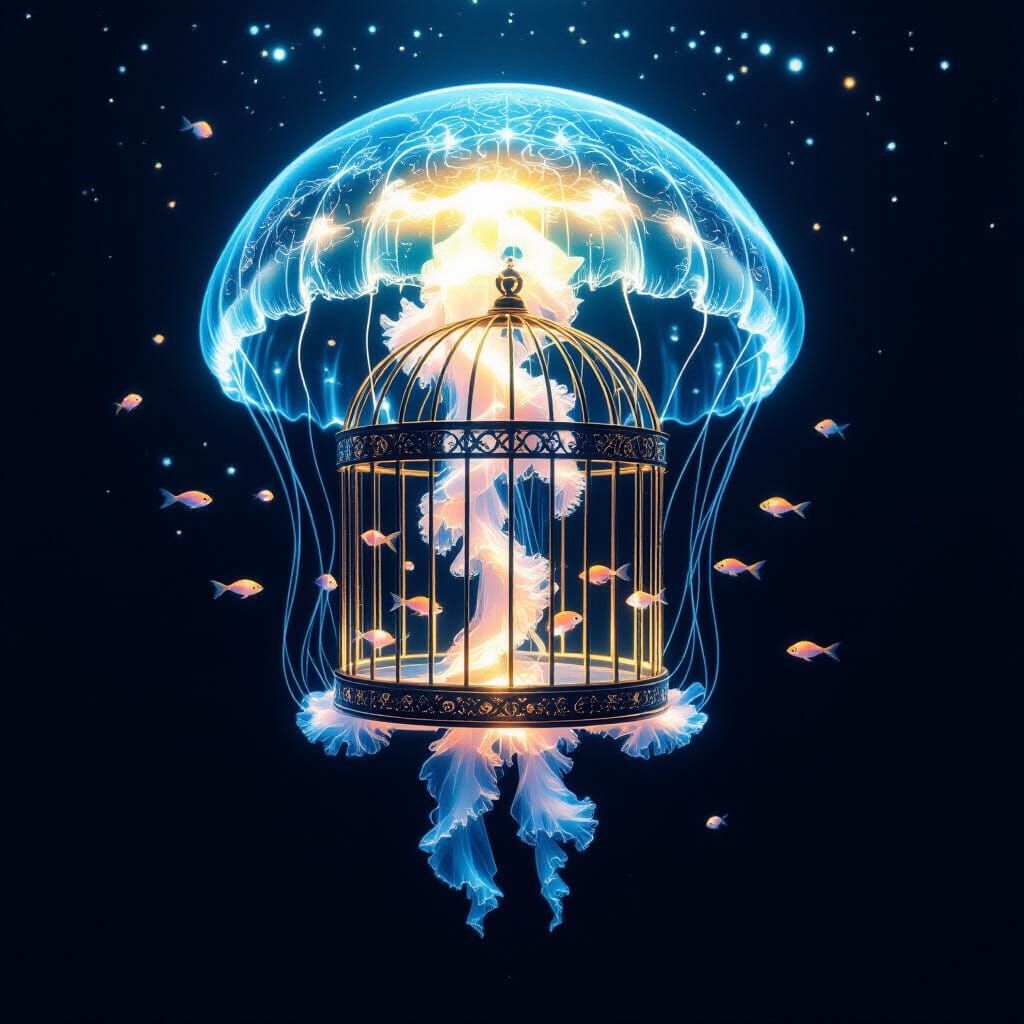 Ethereal Jellyfish with Birdcage in Deep Ocean Abyss