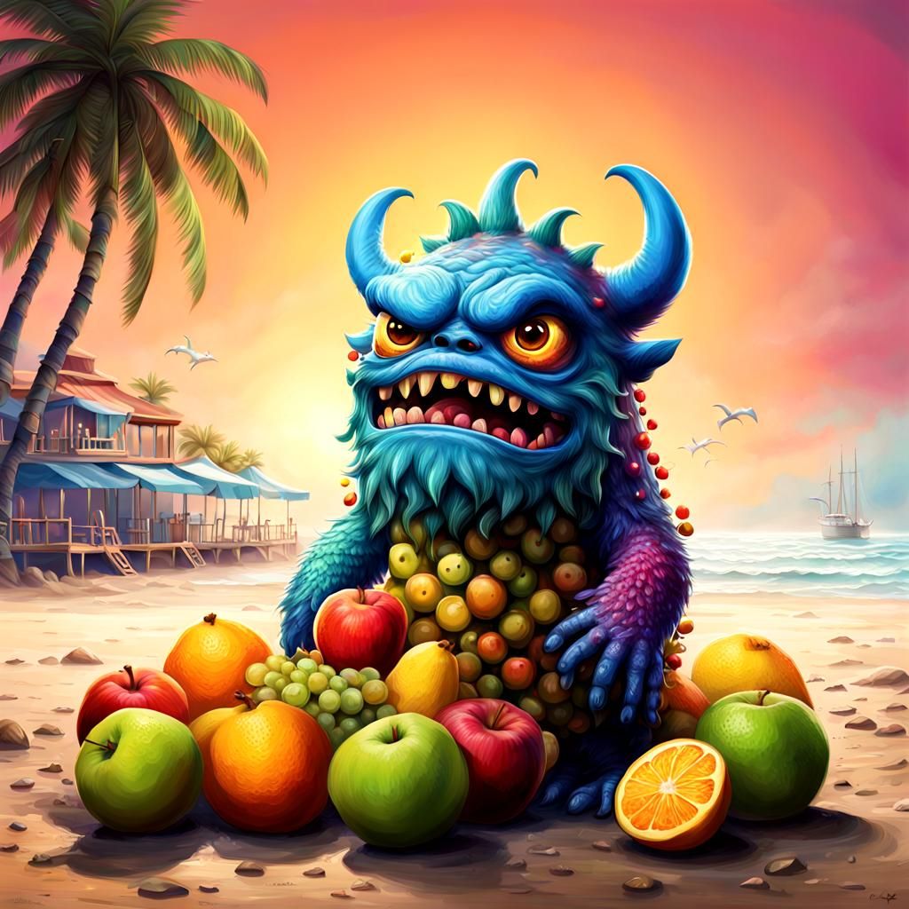 Fruit Monster on the Beach: Hyperrealistic Splash Art