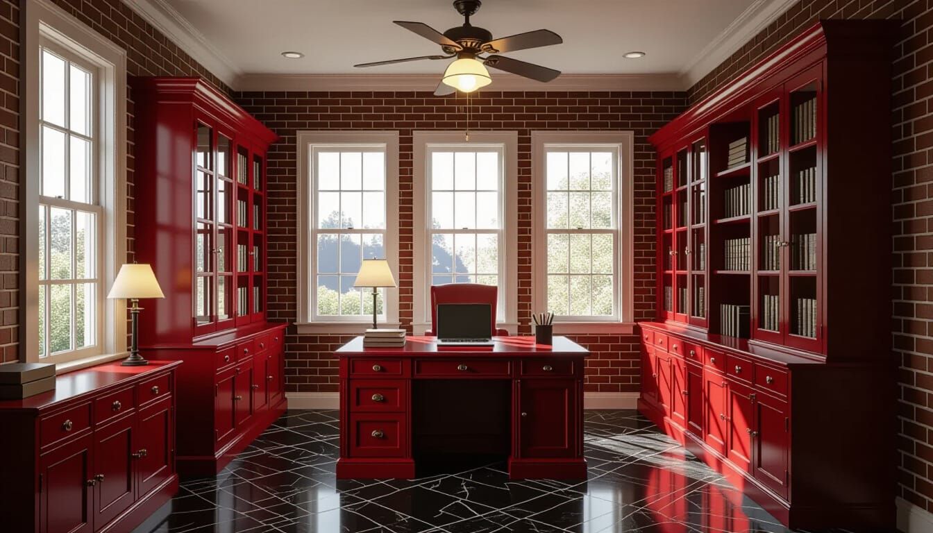 Vibrant Victorian Working Room with Dark Red Cabinets
