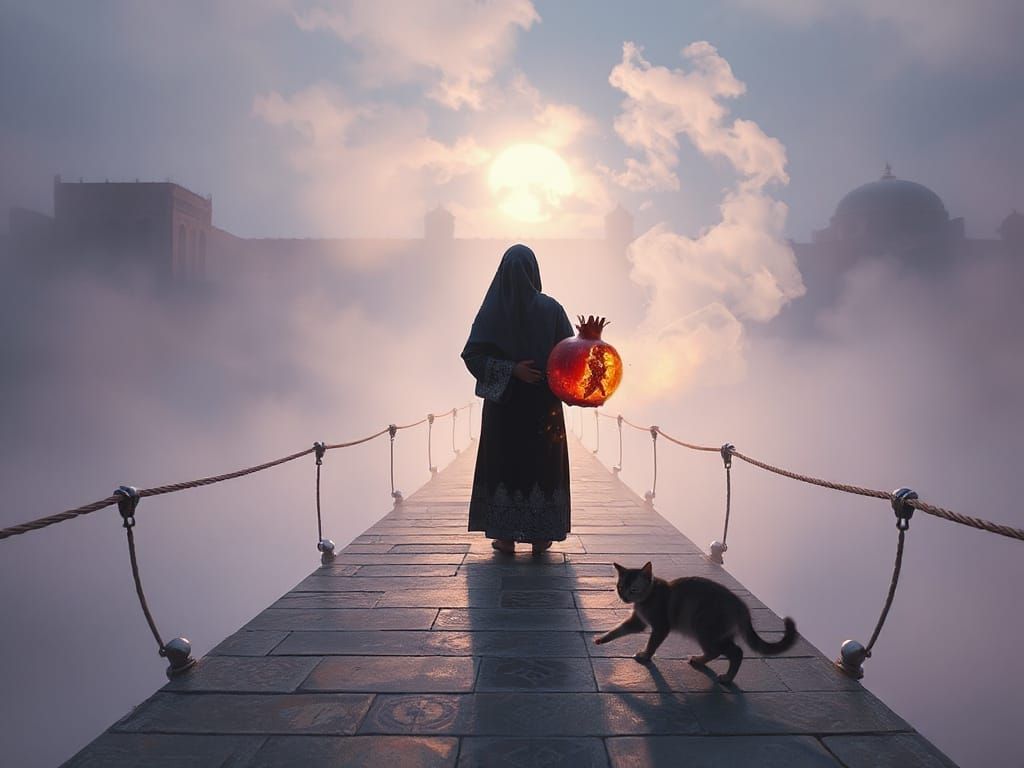 Ethereal Persian Figure with Glowing Pomegranate