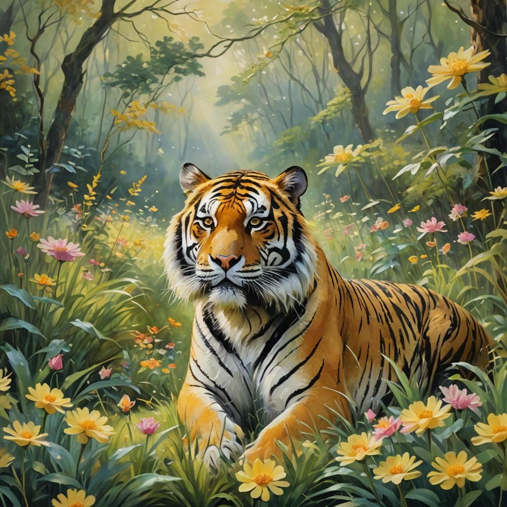 Tiger in Floral Garland: Impressionist Dreamscape