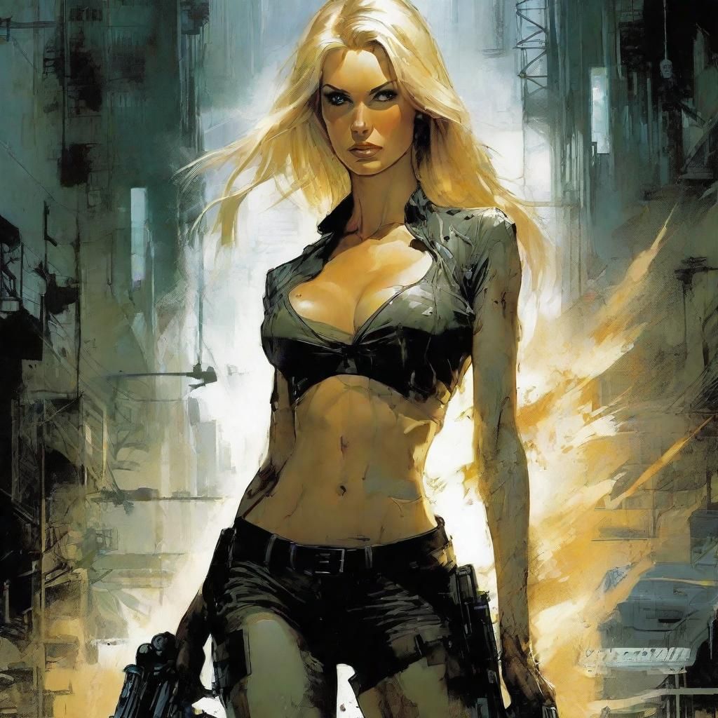 Gangly Blond Woman with Sci-Fi Weapon