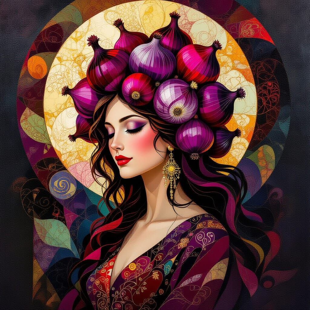Garden Goddess Of Red Onions In Abstract Style