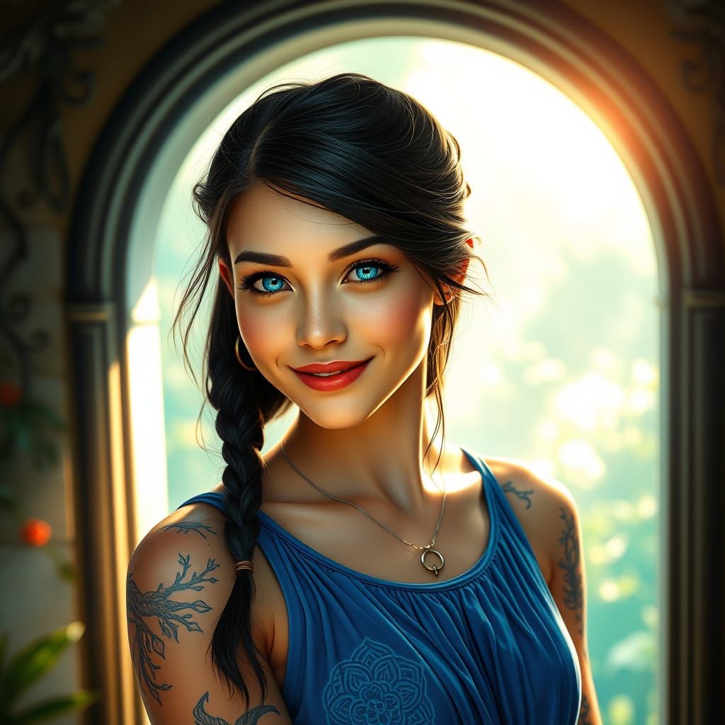 Surreal Young Woman in Mystical Doorway with Roots and Leave...