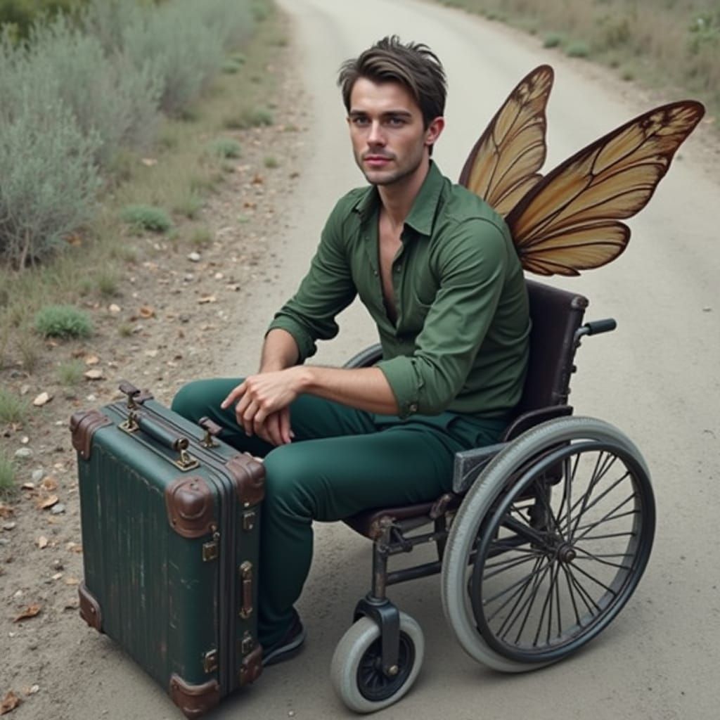 A male fairy in a wheelchair with dusty wings in a green shi...
