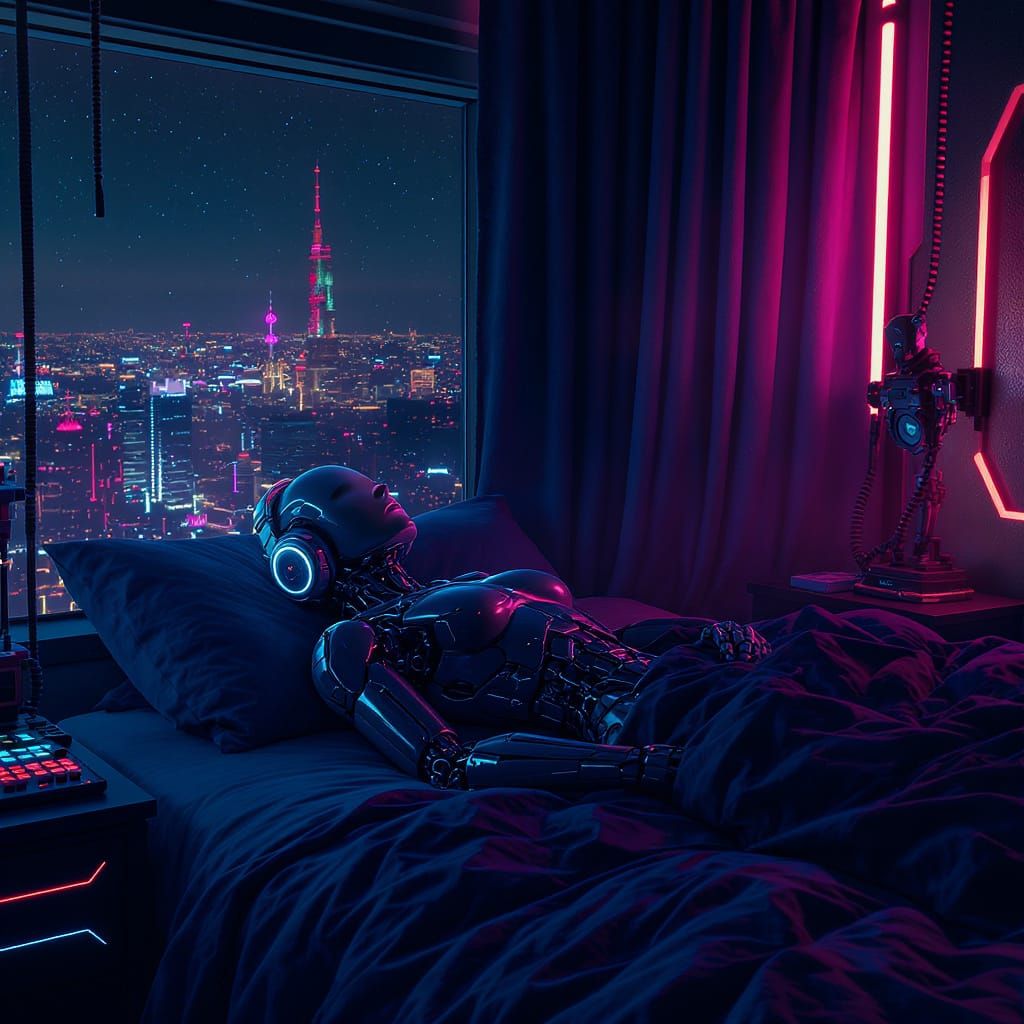 Cyberpunk Bedroom View with Robotic Figure