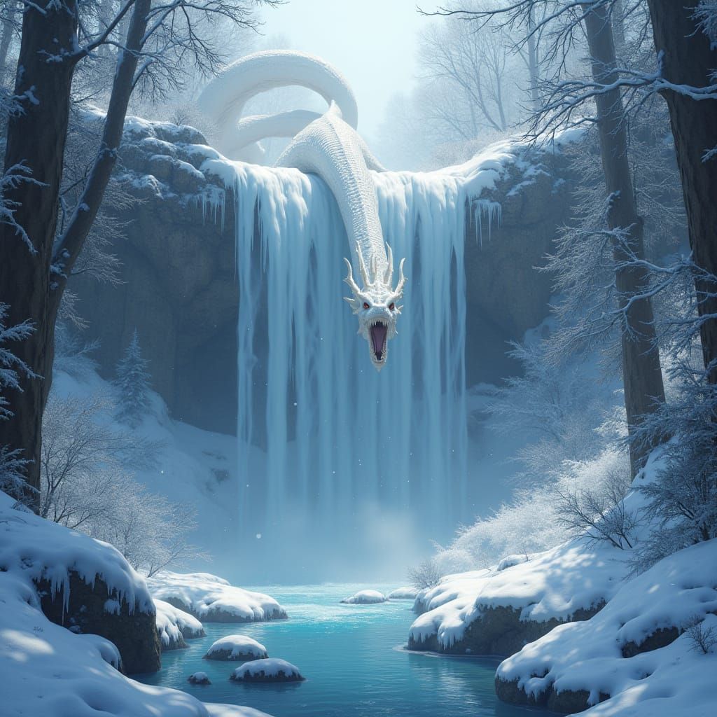 Winter Dragon Lurking Behind Frozen Waterfall