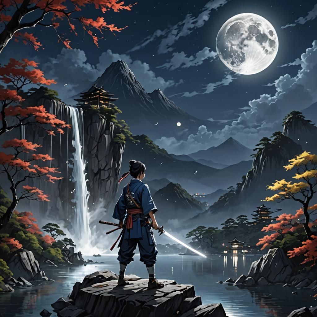 Boy with Sword Under Full Moon at Night