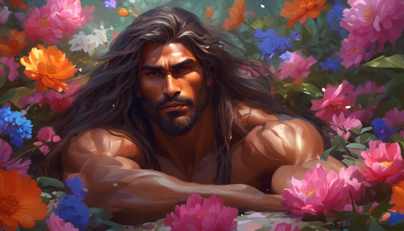 Handsome Indian Man with Flowers: Hyperreal Portrait