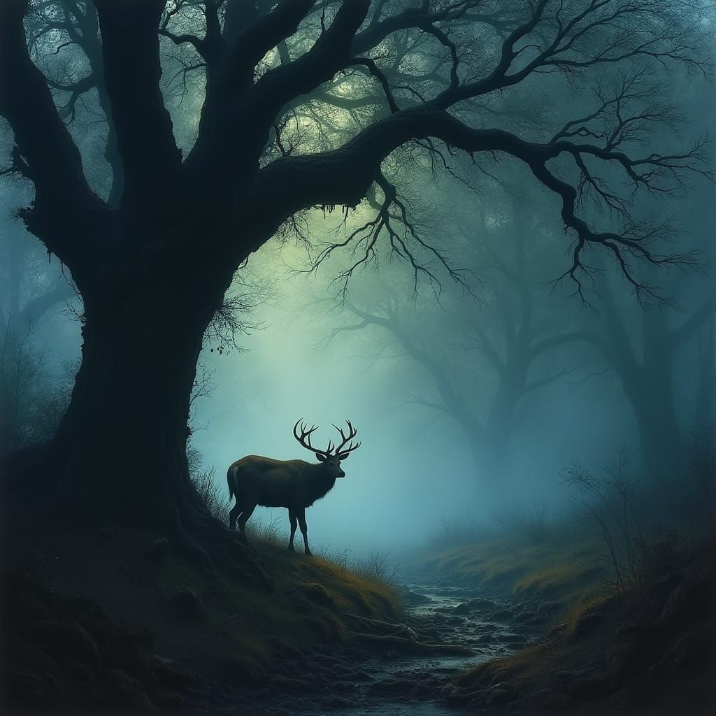 Misty Oak Forest at Dusk with Fading Deer