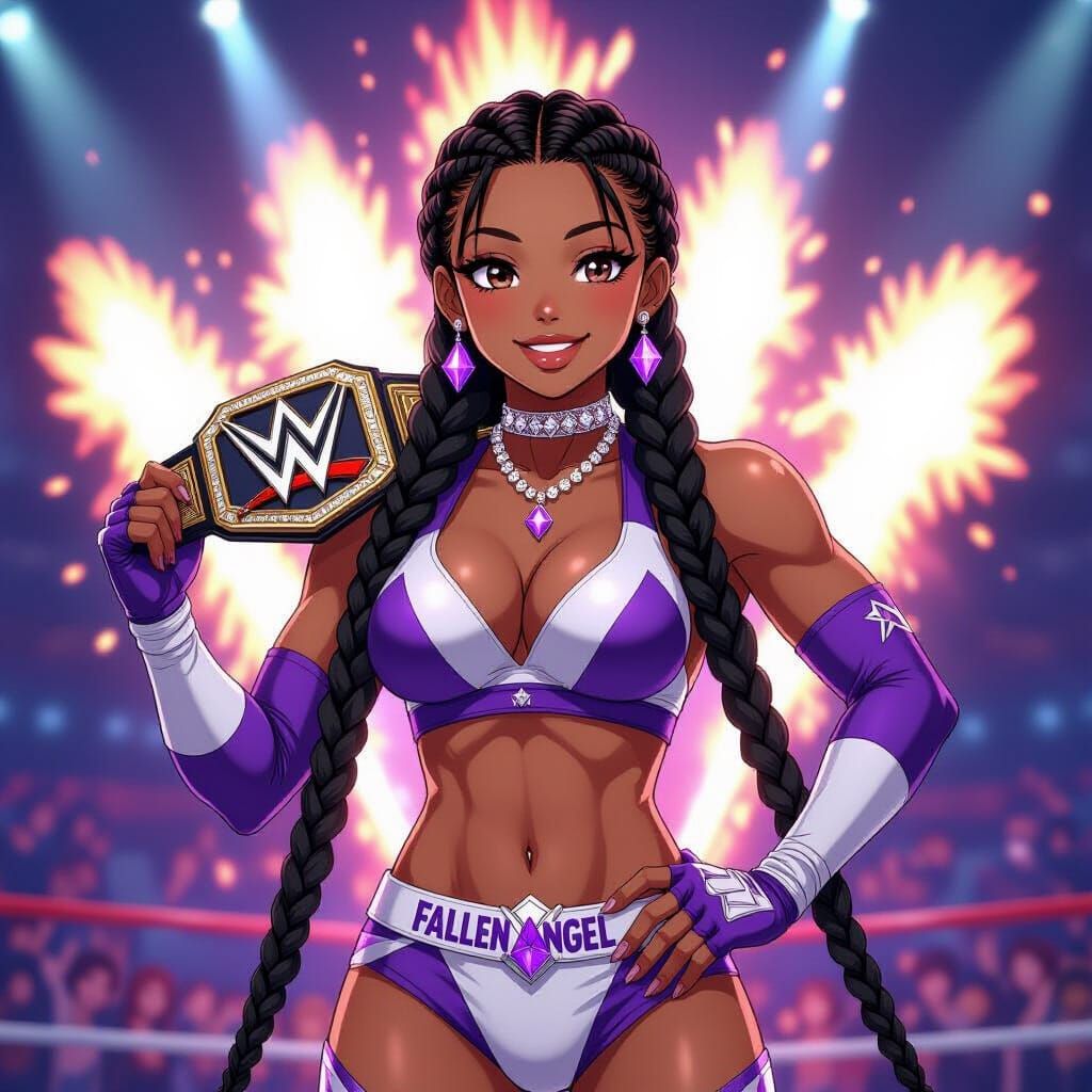 Anime Wrestler With Championship Belt Amidst Fireworks