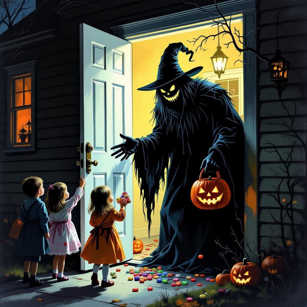 Monstrous Figure in Halloween Costume Distributes Sinister C...