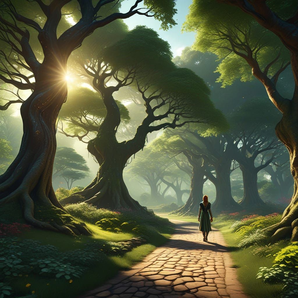 Fantasy Concept Art Of Woman Walking Into A Park