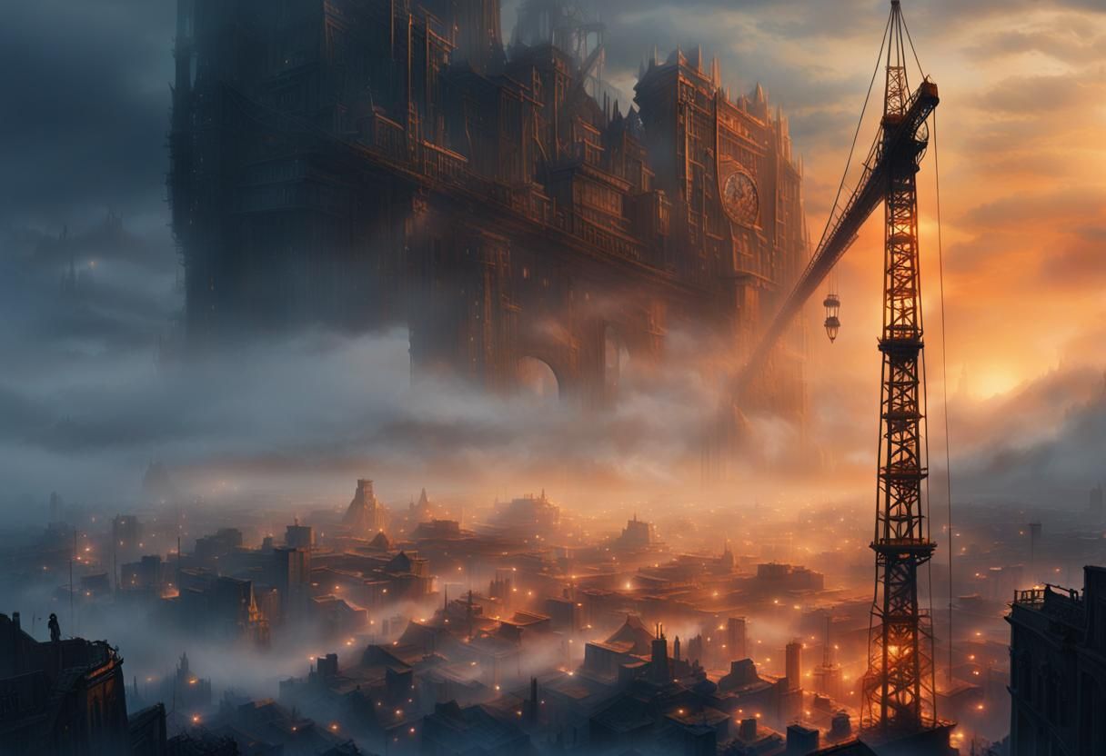 Mystical Cityscape: Person on Ancient Crane