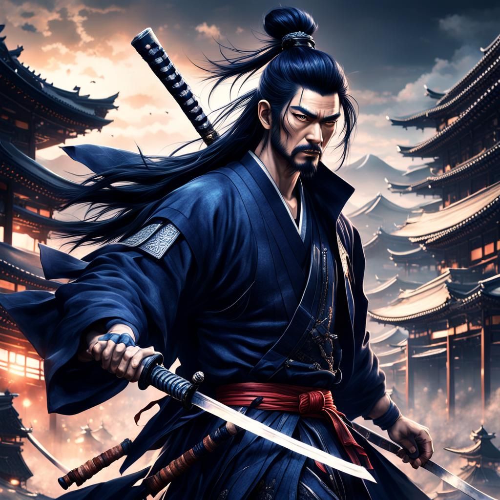 Handsome Samurai in Traditional Outfit, Digital Painting