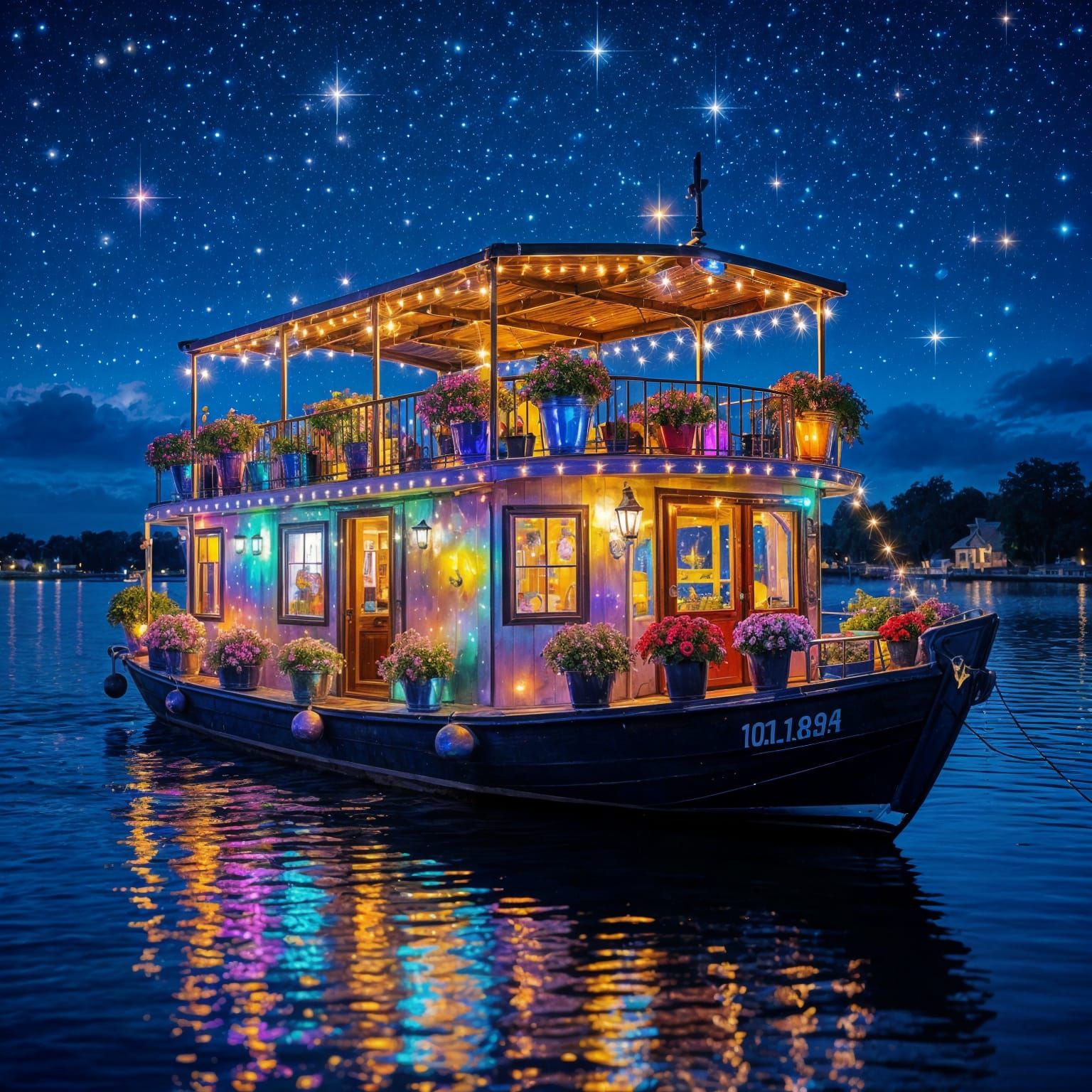 Iridescent Houseboat at Night with Fairylights and Stars