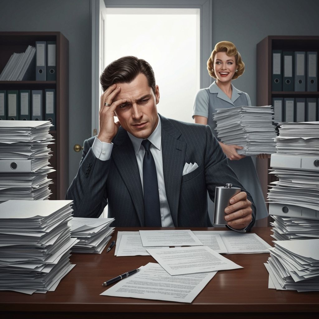 Overworked Ad Executive in 1950s Office, Film Noir Style