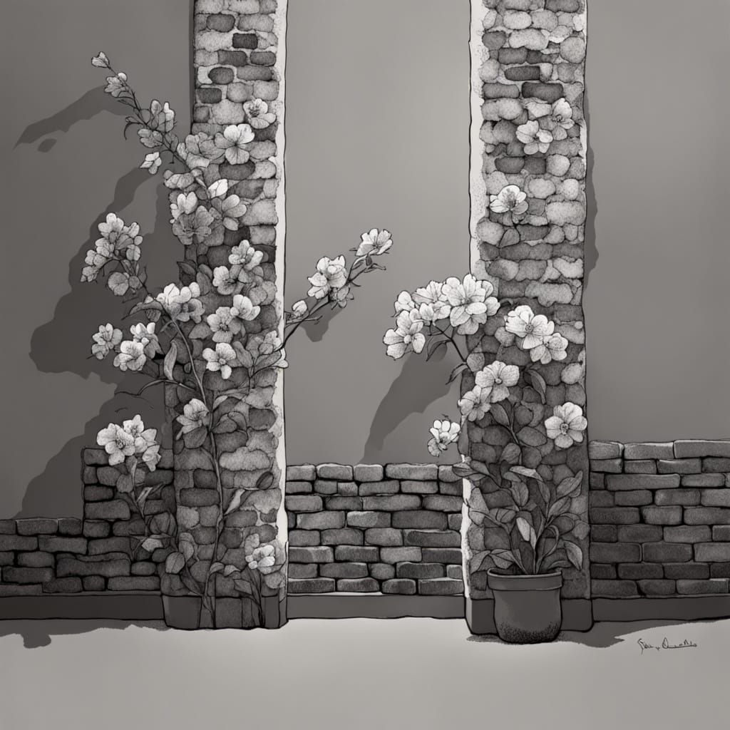 Tusche: Black and White Ink Drawing of Floral Brick Wall